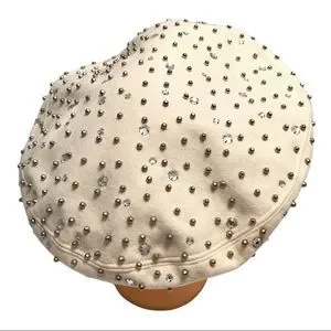 Adolfo II Cream Wool Rhinestone and Studded Hat Womans Hat Vintage Adolfo II Wool Hat: 80s Rhinestone  main image 4